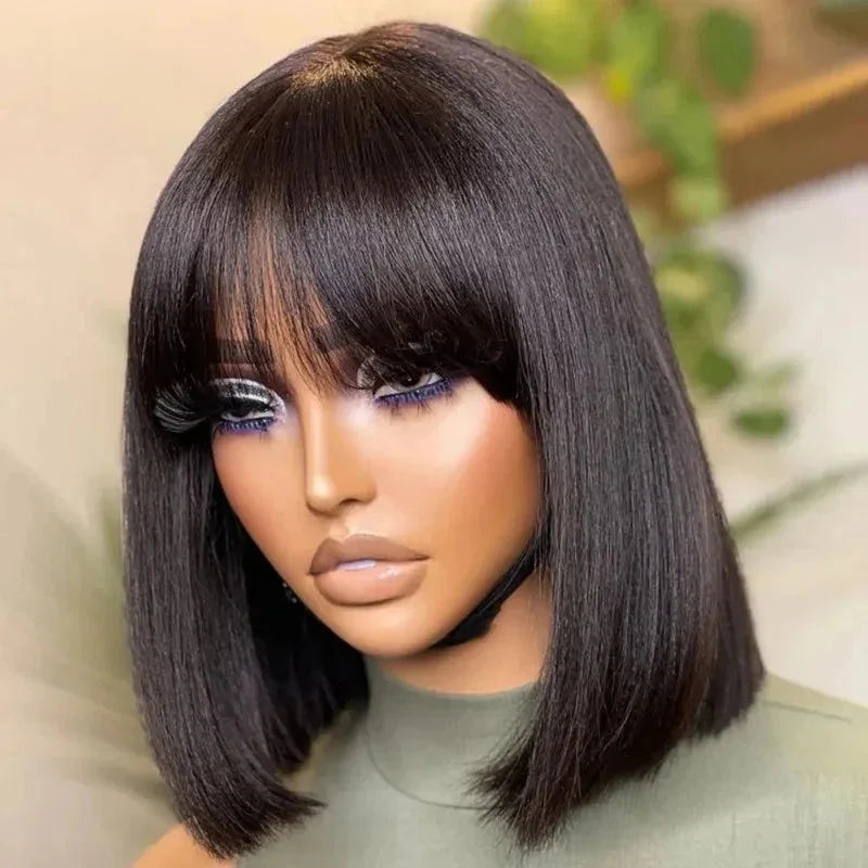 Brazilian | Remy | 100% Human Hair | Natural | Black | Put On and Go | Realistic | Glueless | Transparent | Yaki Straight | Bob with Bangs