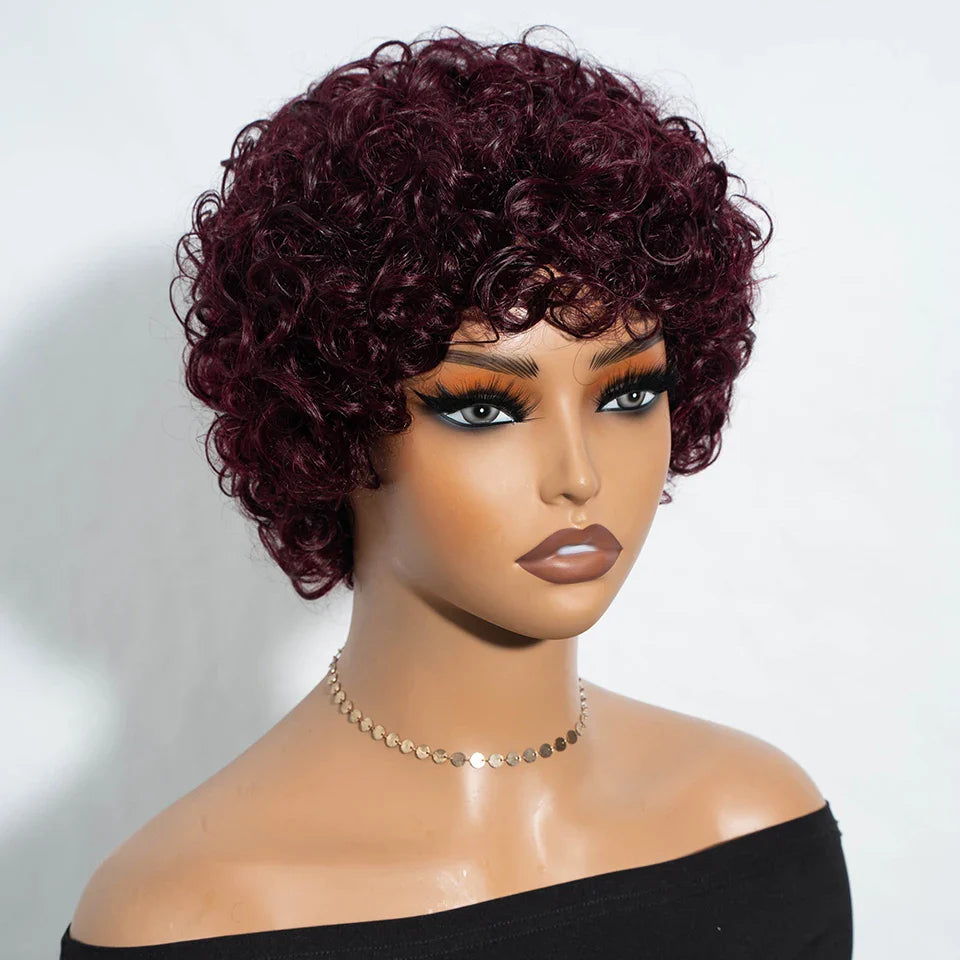 Brazilian Short Pixie Bob Afro Kinky Curly Wig with Bangs | Full Machine Made Human Hair (Natural Brown & 99J)