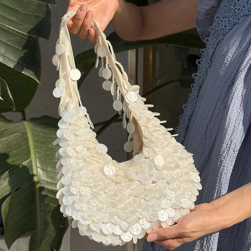 Designer Women's Pearlescent Inlay Half Moon Crossbody Bag | Exquisite Shell Beaded Handbag with Sequin & Wooden Handle Tote