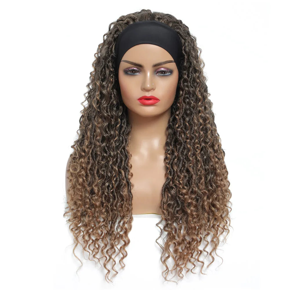 Product Title: 26" Ombre Brown Headband Braided Wig | Faux Locs with Curly Ends | Synthetic Dreadlock Wig