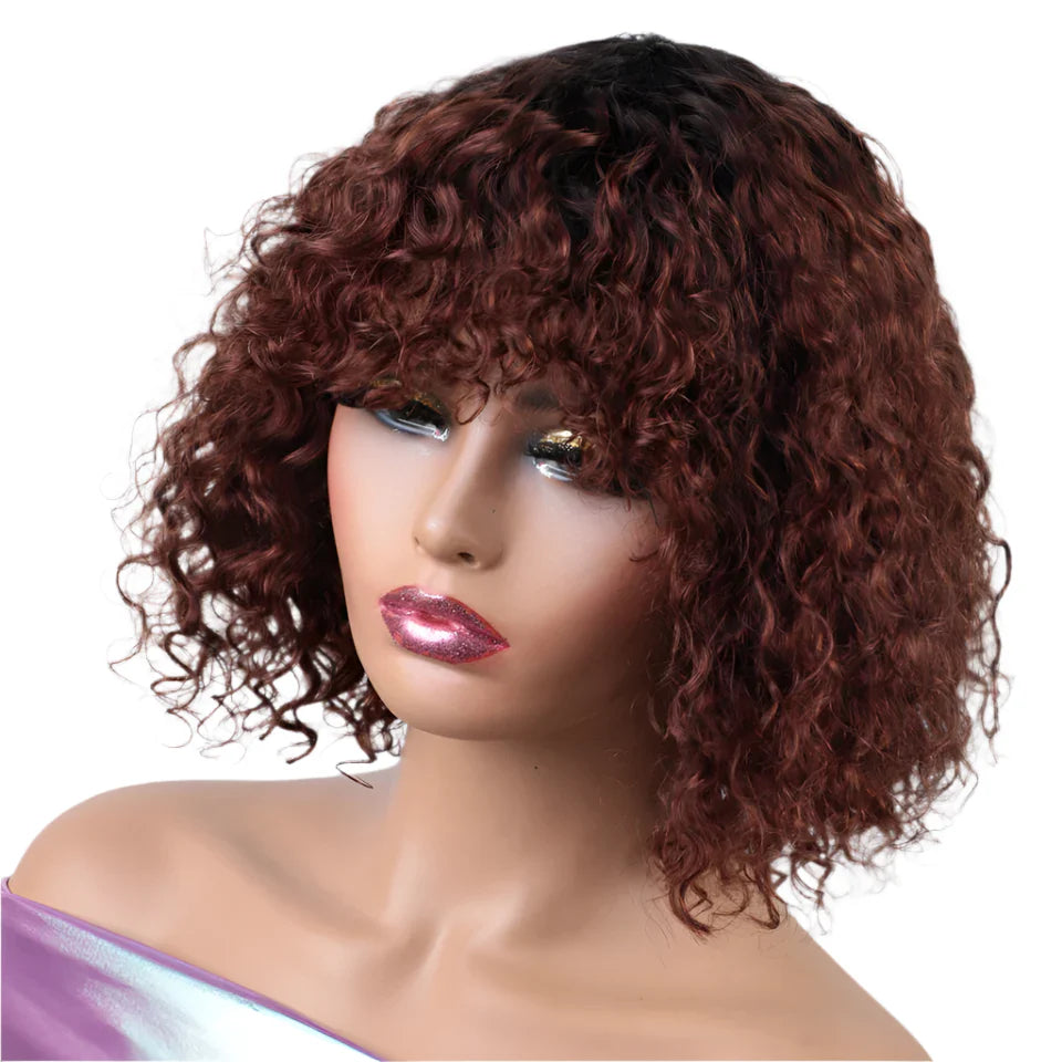 Rebecca Ombre Brown Curly Wig with Bangs | Loose Deep Wavy Brazilian Remy Human Hair