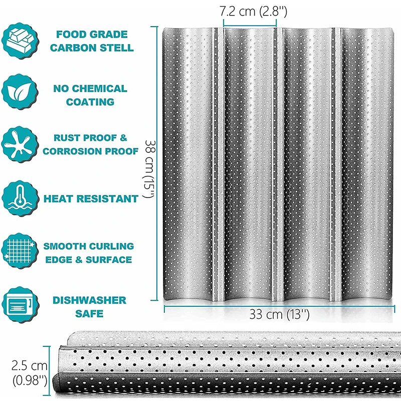 French Bread Baking Pan Nonstick Perforated Carbon Steel Baguette Pan French Bread 3/4 Wave Loaves Loaf Bake Mold Cooking Tray