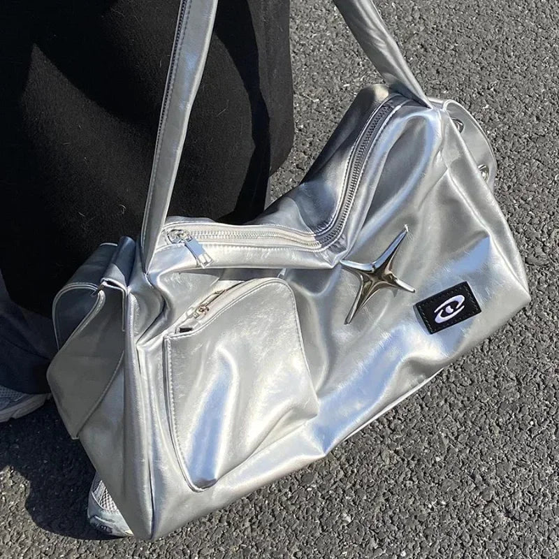 Silver Y2K Tote Bag for Women | Aesthetic Luxury Designer Large Capacity Shoulder Bag (Commuter PU Leather Shopper Handbag)