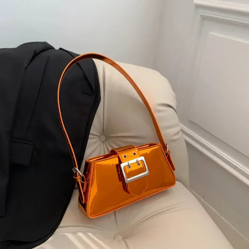 New Luxury Design Women's Glossy PU Leather Armpit Bag | Fashion Party Handbag (Patent Leather Silver Shoulder & Crossbody Bag)