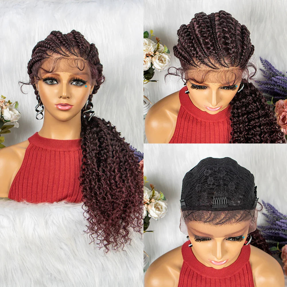 28" Burgundy Knotless Braids Wig with Curly Ends | Lace Front | Baby Hair