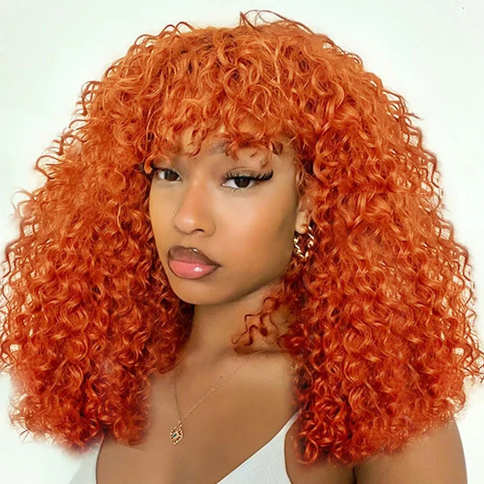 Ginger Jerry Curly Pixie Bob Wig | Honey Blonde Orange Remy Human Hair with Bangs