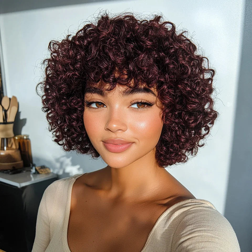 Peruvian Short Bob Pixie Afro Kinky Curly Wig with Bangs | Remy Human Hair
