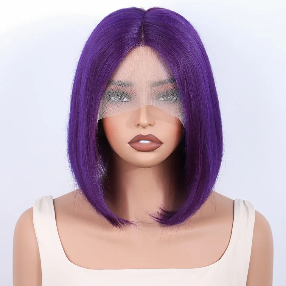 Purple Straight Bob Wig | 13x5x1 Brazilian Human Hair Lace Part with 180% Density (Party Style, Remy)