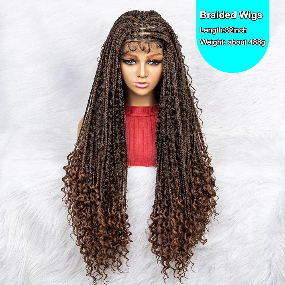 Curly End Box Braids Lace Frontal Wig with Baby Hair | Synthetic Full Lace Braided Wig for Black Women