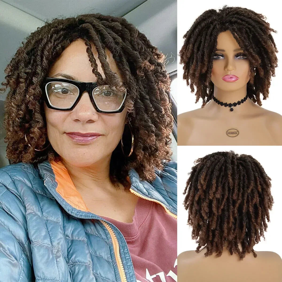 Ombre Brown Short Curly Faux Locs Wig | Crochet Braids | Afro Hip-Hop Style | Black Women