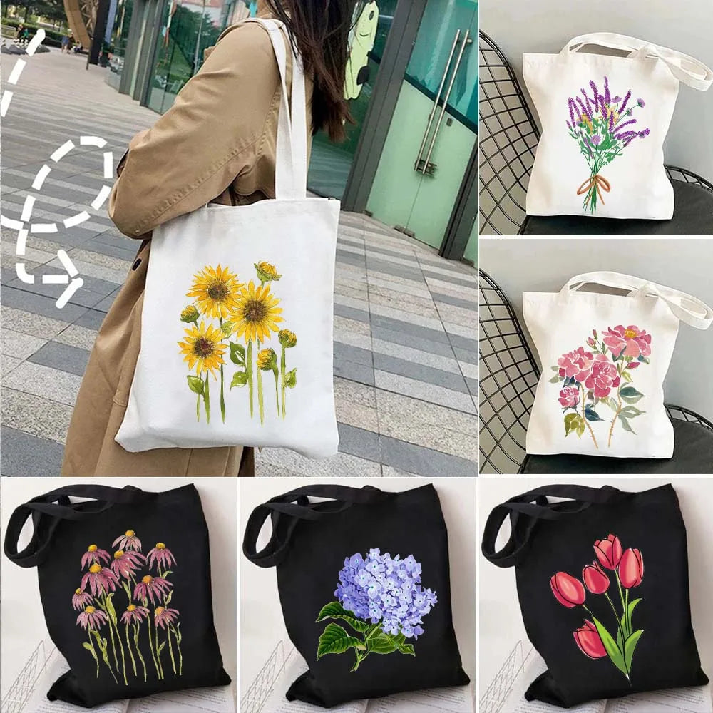 Succulove Floral Cotton Tote Bag | Large Capacity Handbag with Tulips, Hydrangeas, Sunflowers & More (Casual Shoulder Shopper, Eco-Friendly)