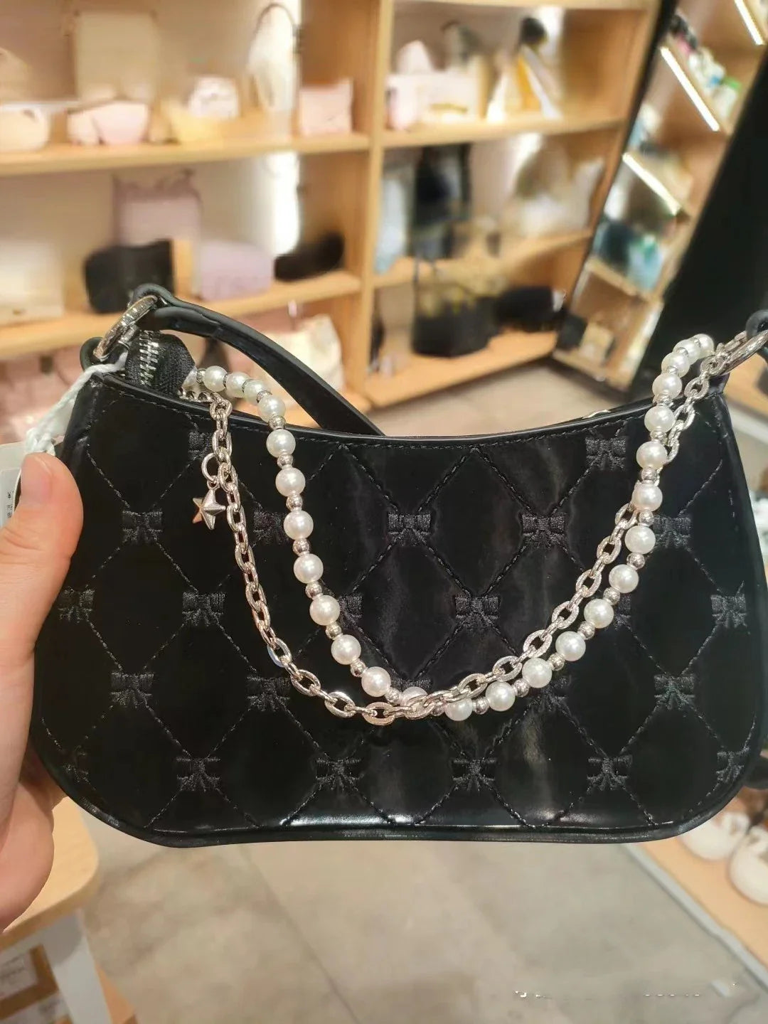 Women's Shoulder Bag | Elegant Cute Bow Pearl Chains & Embroidery Handbag (Casual Leather Korean Fashion Female Handbag)