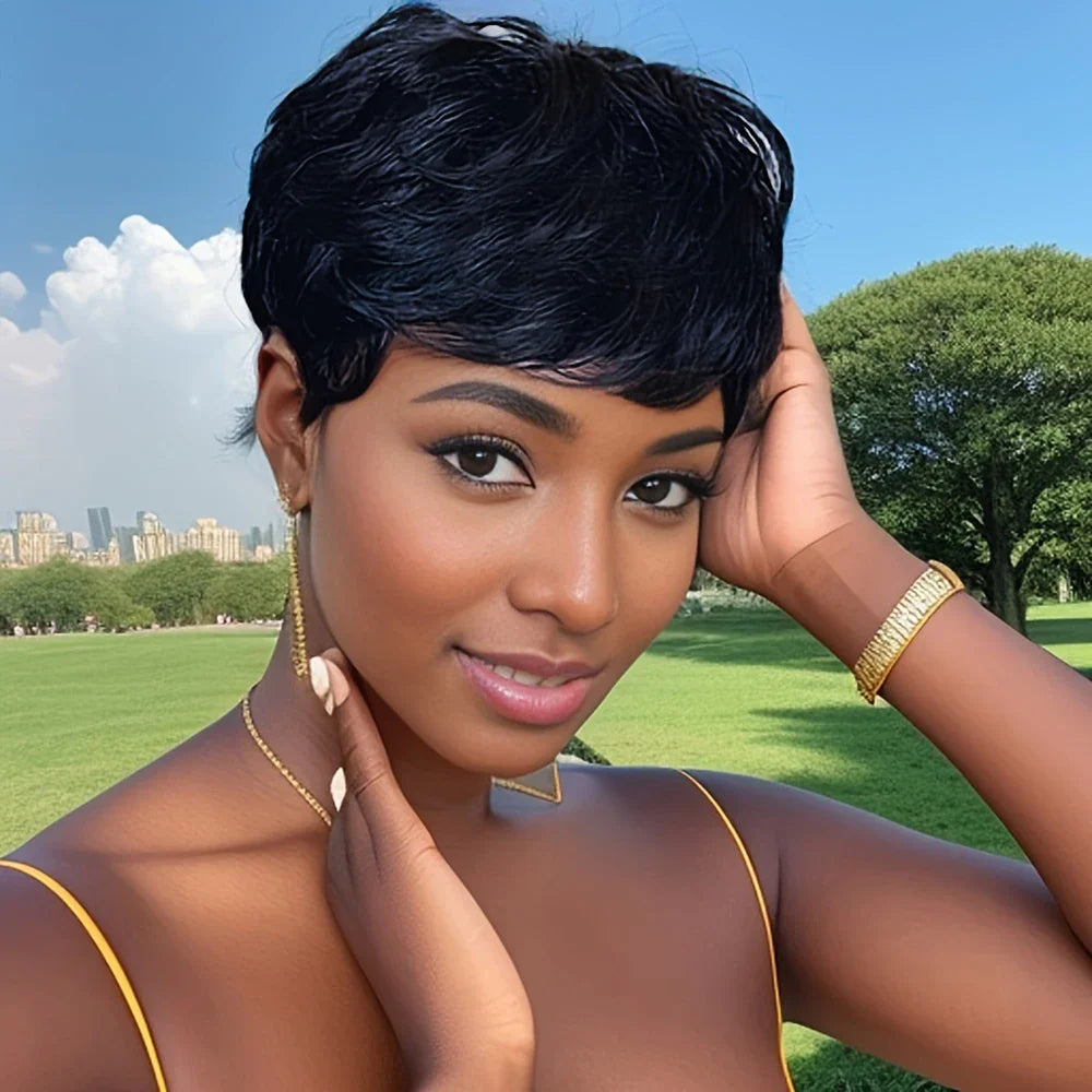 Pixie Cut Human Hair Wig | Natural Color Wavy Remy Hair | Short Cut Wig