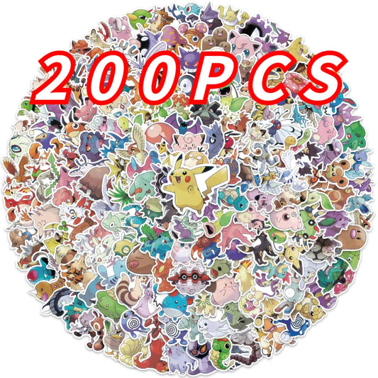 200PCS/Set Kawaii Pikachu Pokemon Stickers for Laptop Phone Suitcase Skateboard Guitar Cute Cartoon Stickers Kid Gift Toys