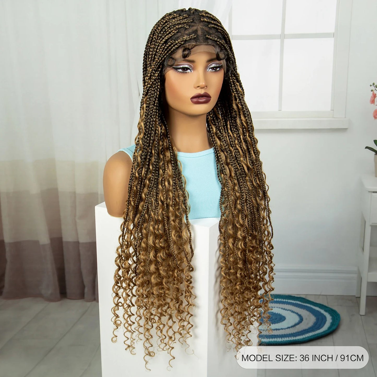 36" Ombre Boho Knotless Braids Wig | Curly Ends | HD Full Lace | Baby Hair