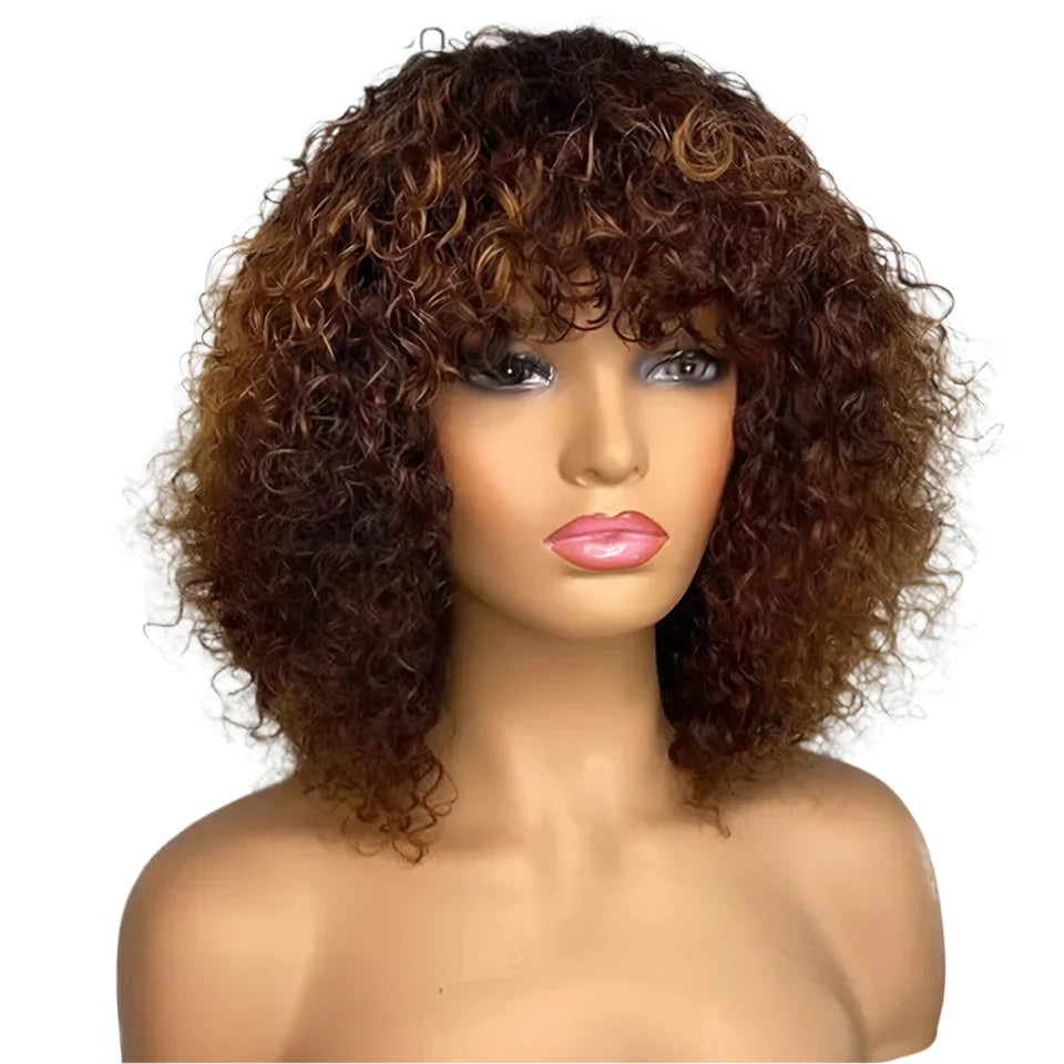 Highlight Honey Blonde Jerry Curly Bob Wig with Bangs | Non-Lace Front Human Hair
