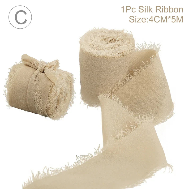 5M Handmade Frayed Edged Satin Chiffon Silk Ribbon For Wedding Invitation Wrapping Bouquets Birthday Party Decorations Gifts