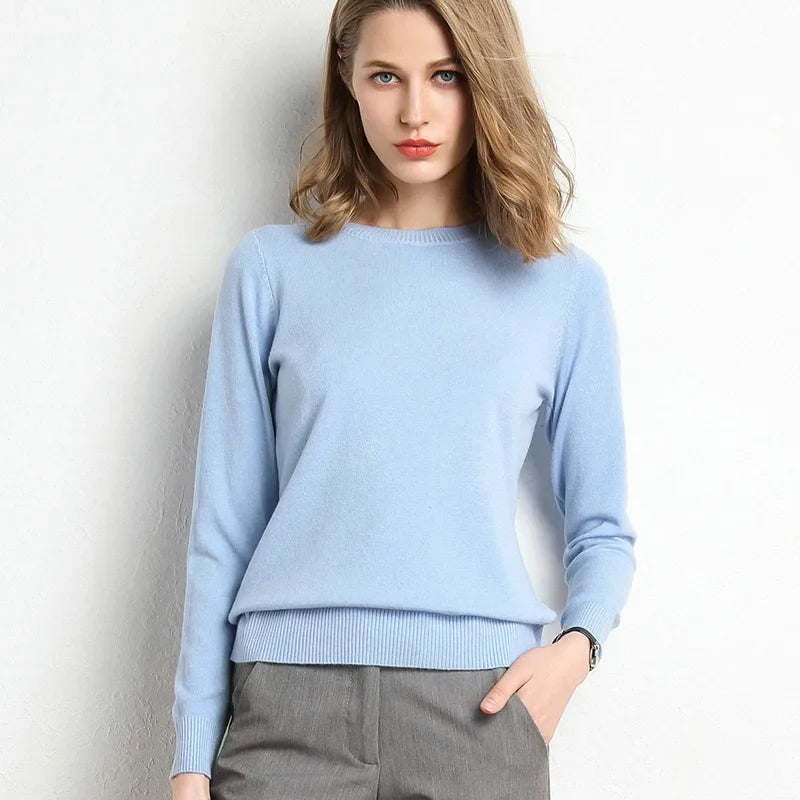 Women's Slim O-Neck Cashmere Wool Blend Sweater