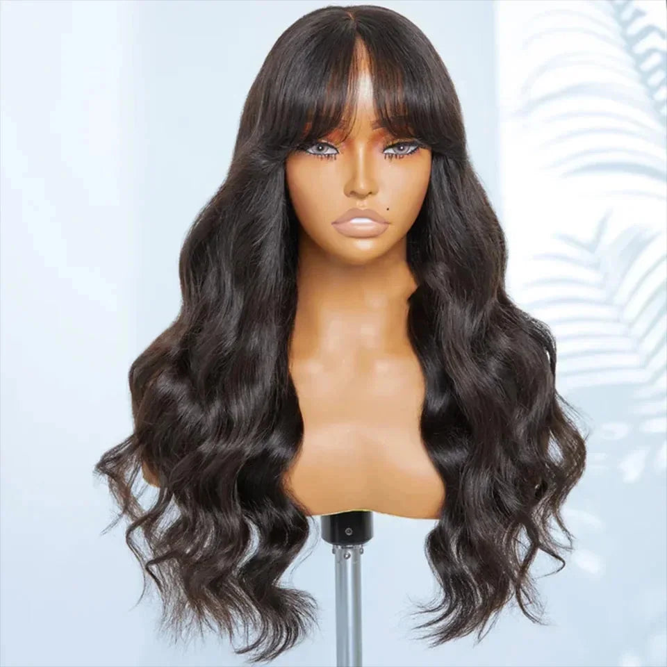 Natural Color 22" Body Wave Wig with Bangs | 180% Density Remy Human Hair Middle Part Lace