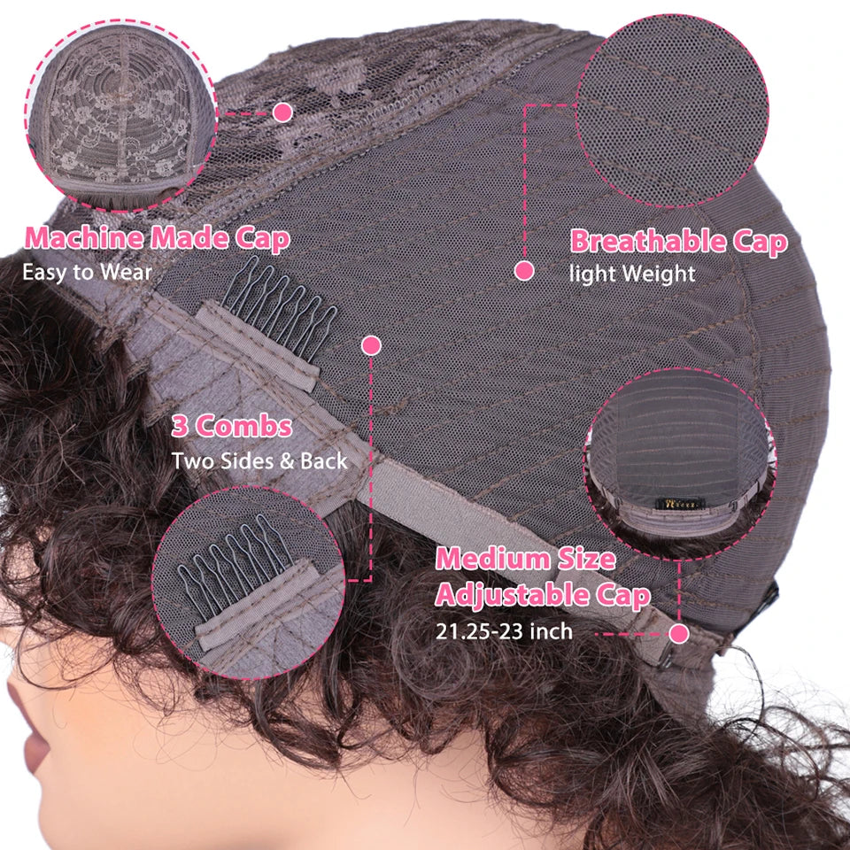 Sleek Short Pixie Afro Kinky Curly Human Hair Wig | Glueless Natural Brown 99J Bob with Bangs