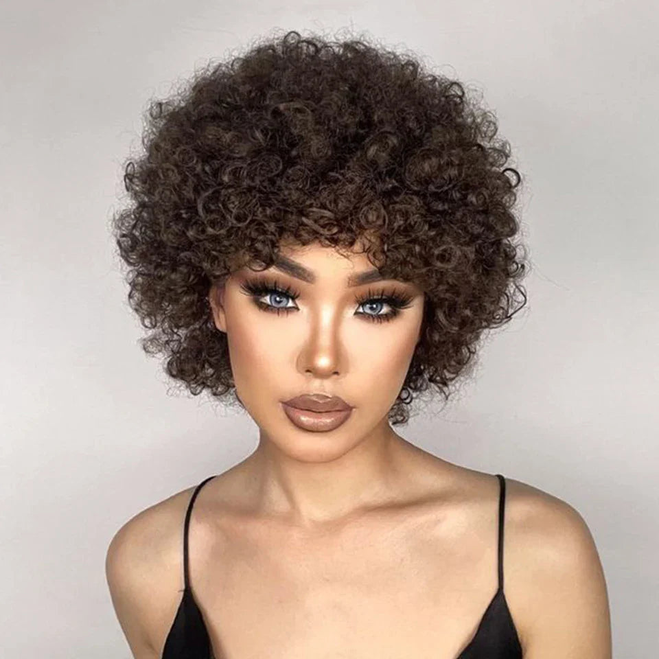 Sleek Short Pixie Afro Kinky Curly Human Hair Wig | Glueless Natural Brown Bob with Bangs