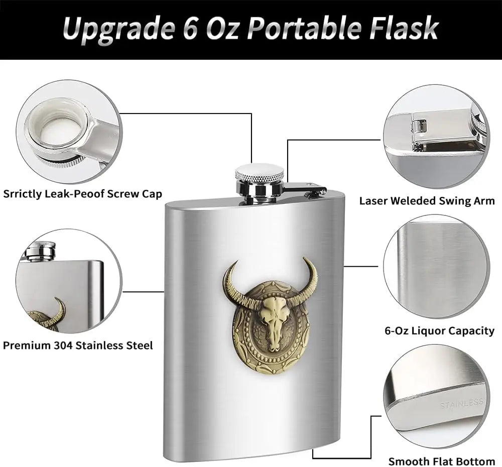 6 oz Stainless Steel Hip Flask with Bull Totem Wine Pot Portable Hip Flask Travel Alcohol Liquor Bottle
