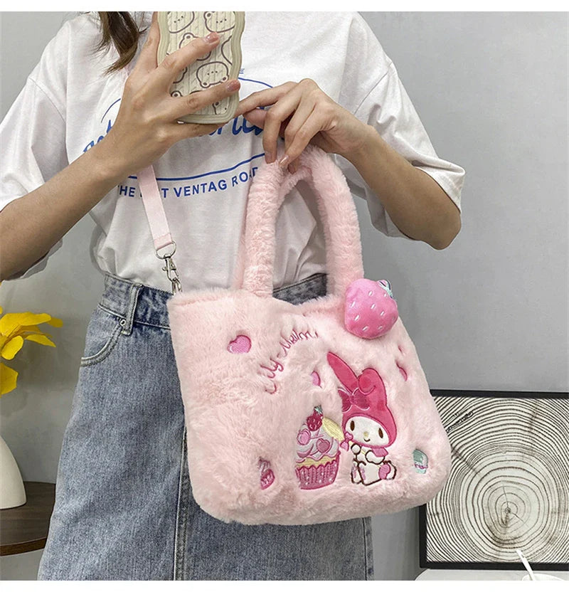 Kawaii Hello Kitty Plush Shoulder Bag | My Melody Cinnamoroll Kuromi Cute Cartoon Anime Handbag (Soft Storage Bag for Women & Girls)