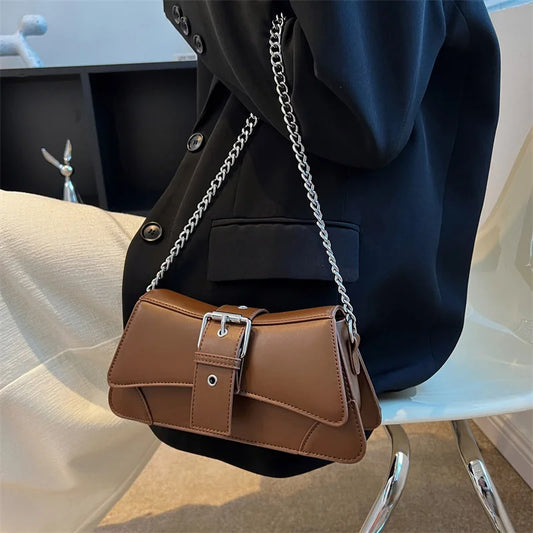 Solid Color Women's Chain Shoulder Side Bag | Small PU Leather Handbag & Wallet (Vintage Luxury Brand Lady Flap Crossbody Sling Bag)