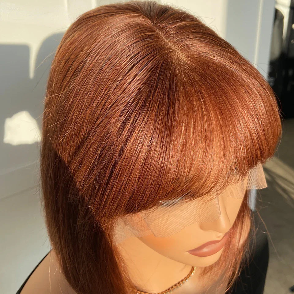 Reddish Brown Bob Wig | Straight Human Hair Lace Front with Bangs