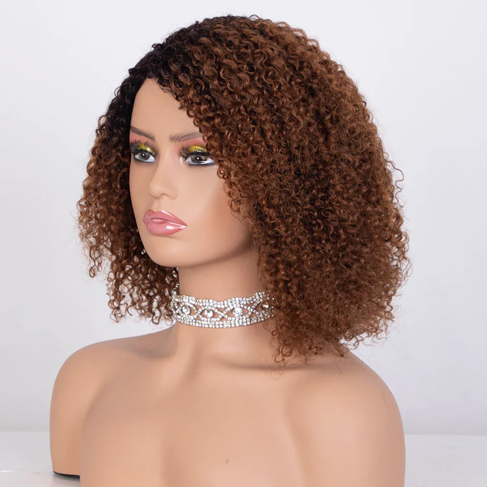 Ombre Highlight Afro Kinky Curly Human Hair Bob Wig | Full Machine Made Peruvian Remy