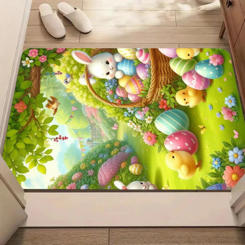 Easter Bunny, Welcome Carpet Easter Egg Rabbit Plant Patterned Door Mat Living Room and Bedroom Soft Non Slip Decorative Rug