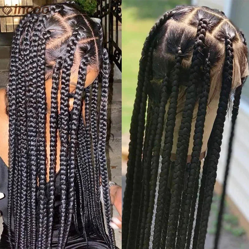 Jumbo Knotless Box Braids Wig | Tribal Cornrows & Faux Locs | Full Lace Front | 36" Look