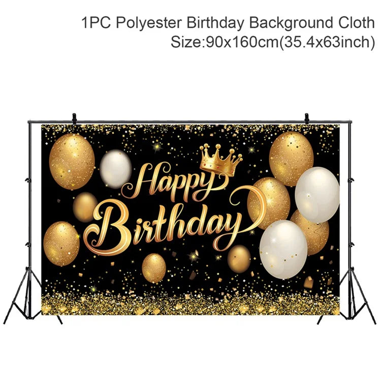 Gold Glitter Happy Birthday Party Backdrop For Photo Black  Happy Birthday Adult Theme Party Decoration Supplies DIY Backdrops