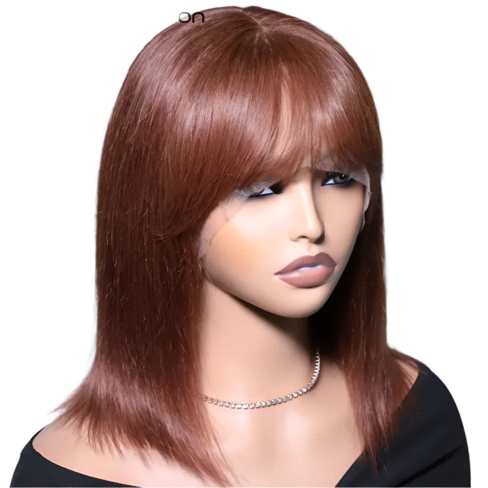 Reddish Brown Bob Wig | Straight Human Hair Lace Front with Bangs