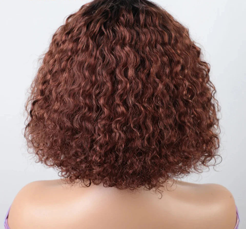 Brown Ombre Afro Kinky Curly Bob Human Hair Wig with Bangs | Brazilian Remy Loose Deep Wavy Wigs for Women