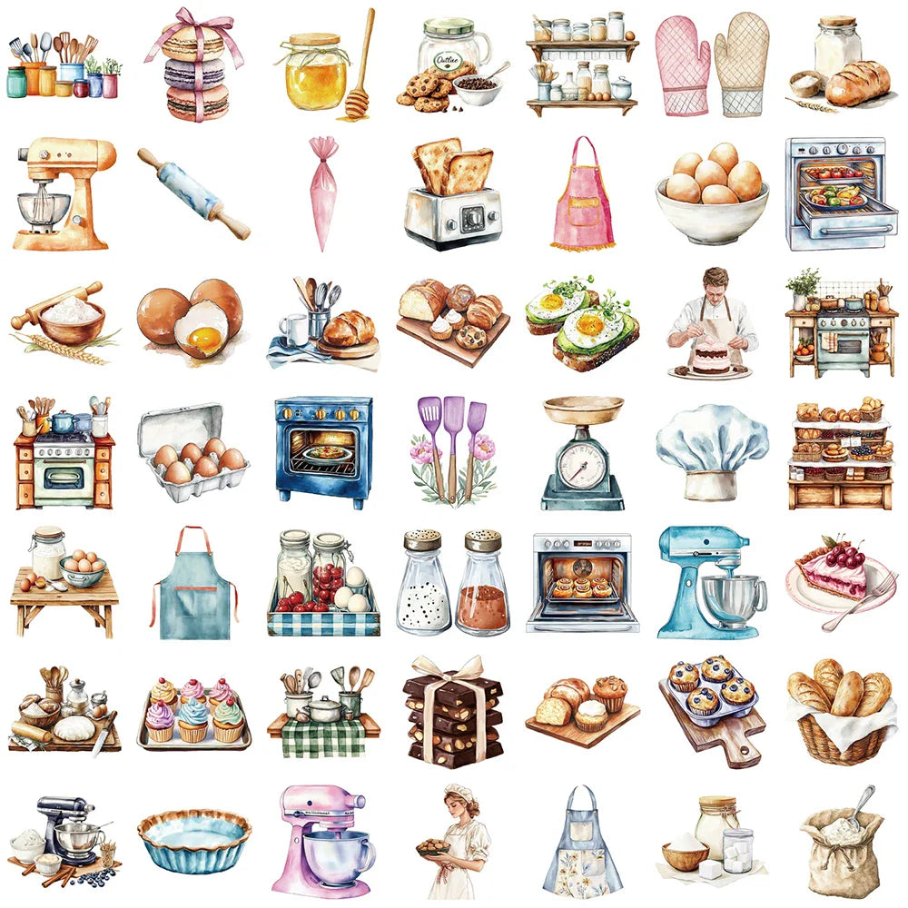 10/30/50pcs Transparent Baking Cartoon Food Aesthetic Stickers Decals DIY Laptop Phone Fridge Diary Decoration Sticker Kids Toys