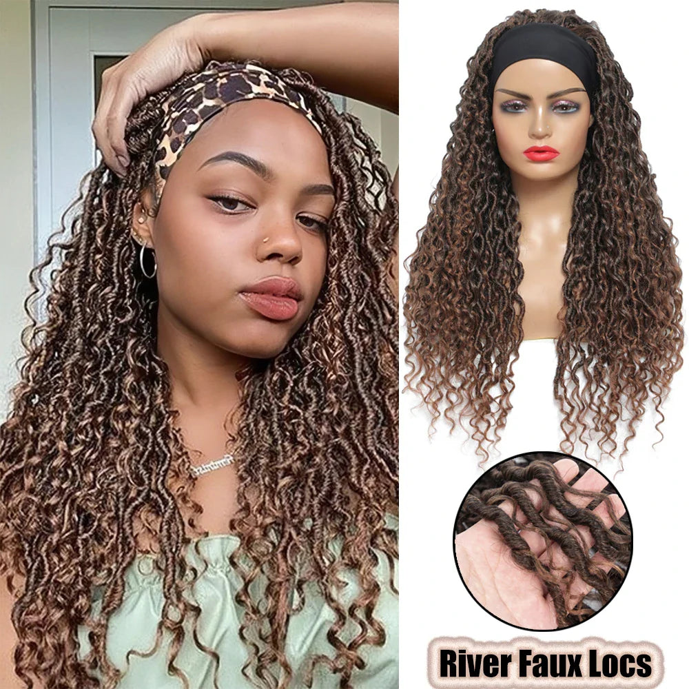 Product Title: 26" Ombre Brown Headband Braided Wig | Faux Locs with Curly Ends | Synthetic Dreadlock Wig