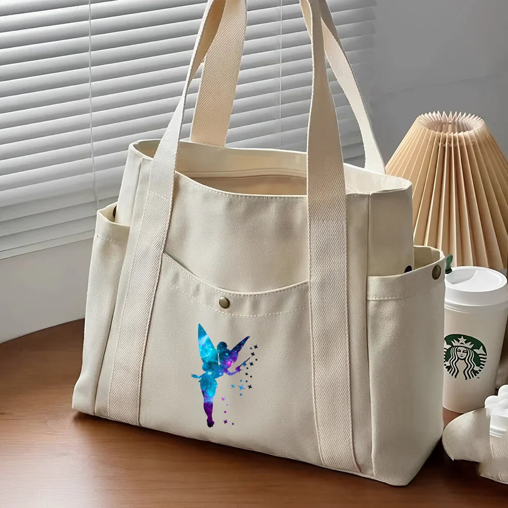Tinker Bell Large Capacity Canvas Tote Bag | Work Commuting & College Style Student Shoulder Bag (Book Bag, Shopping Bag, Zipper Closure)