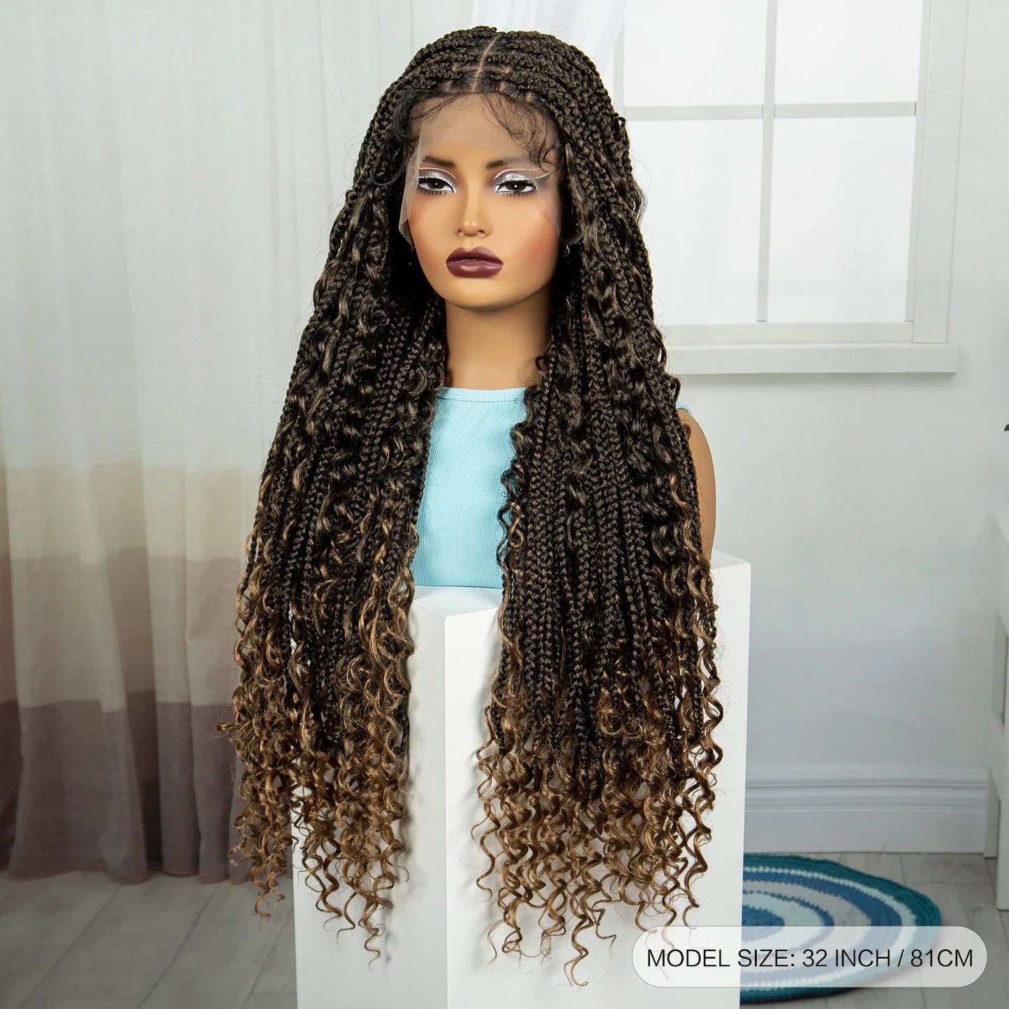 Burgundy Knotless Box Braids Wig with Curly Ends | Full Lace Handmade