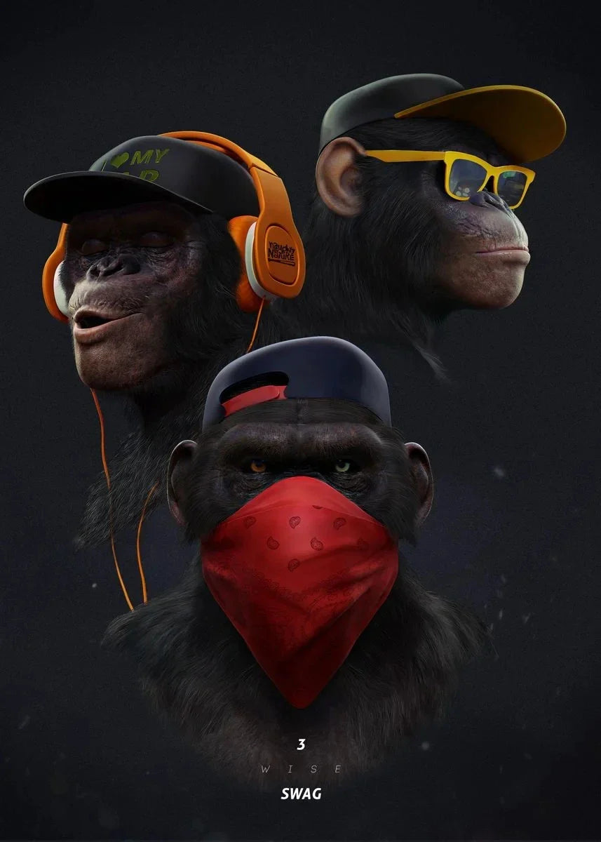 Three Swag Monkeys Canvas Art Posters and Prints Hip Hop Monkey Fashion Paintings on the Wall Art Animals Pictures Room Decor