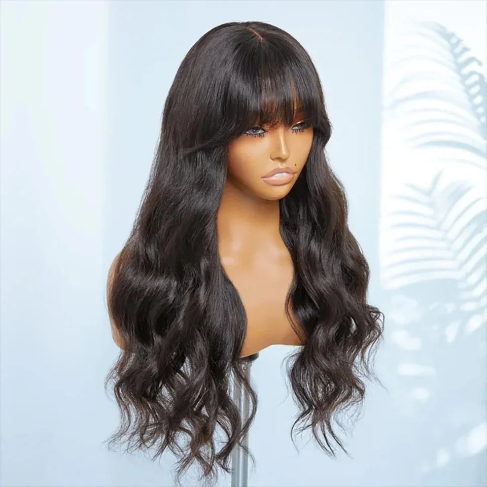 Natural Color 22" Body Wave Wig with Bangs | 180% Density Remy Human Hair Middle Part Lace