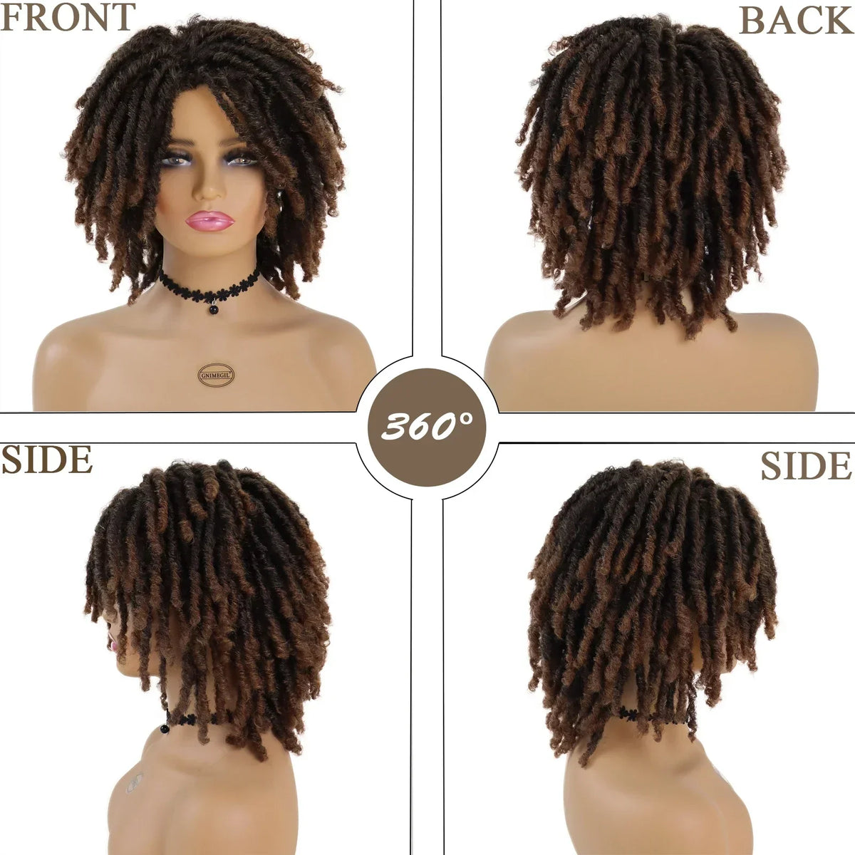 Ombre Brown Short Curly Faux Locs Wig | Crochet Braids | Afro Hip-Hop Style | Black Women