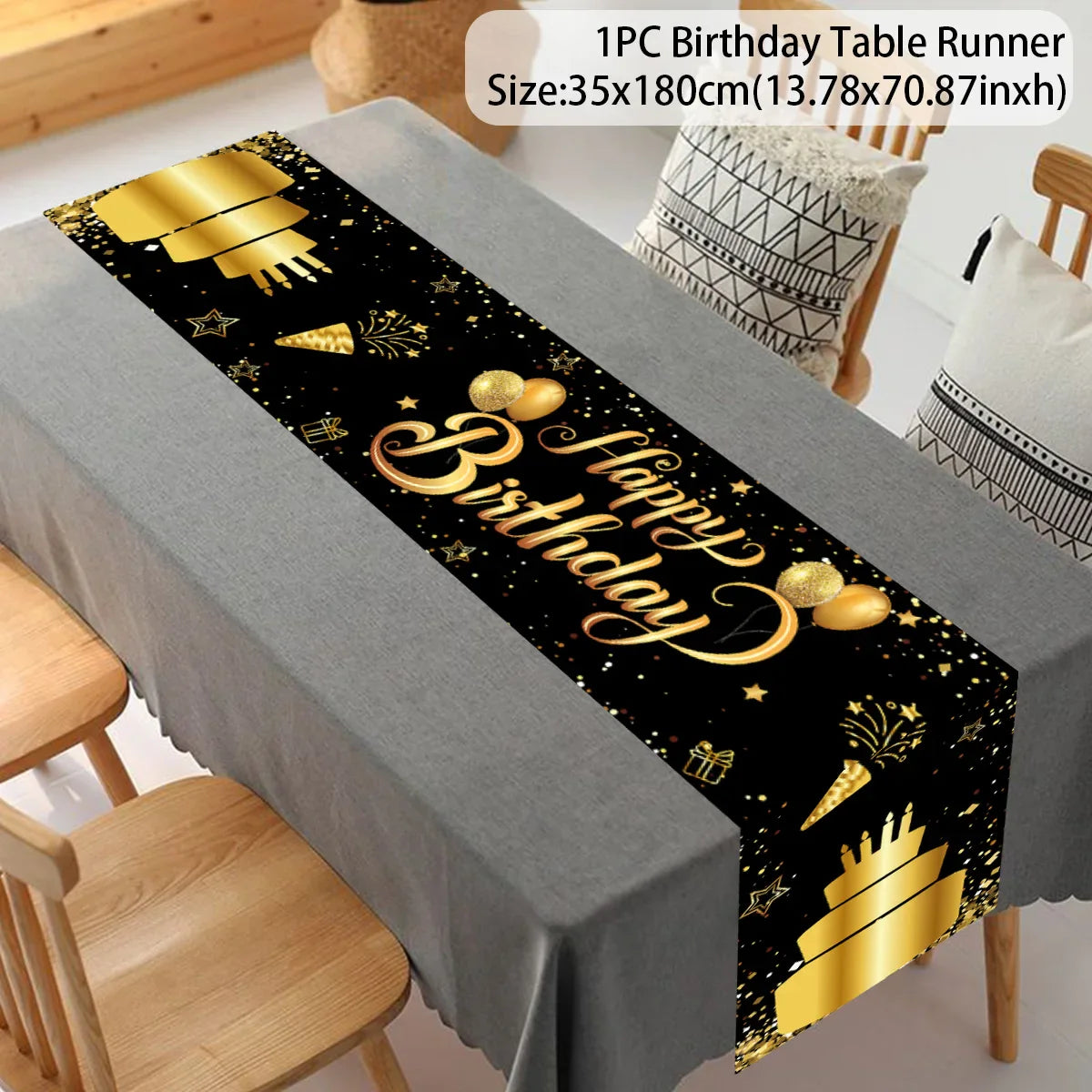 Black Gold Happy Birthday Table Runner 30th 40th 50th Birthday Party Decoration Adult  Anniversary Birthday Party Supplies