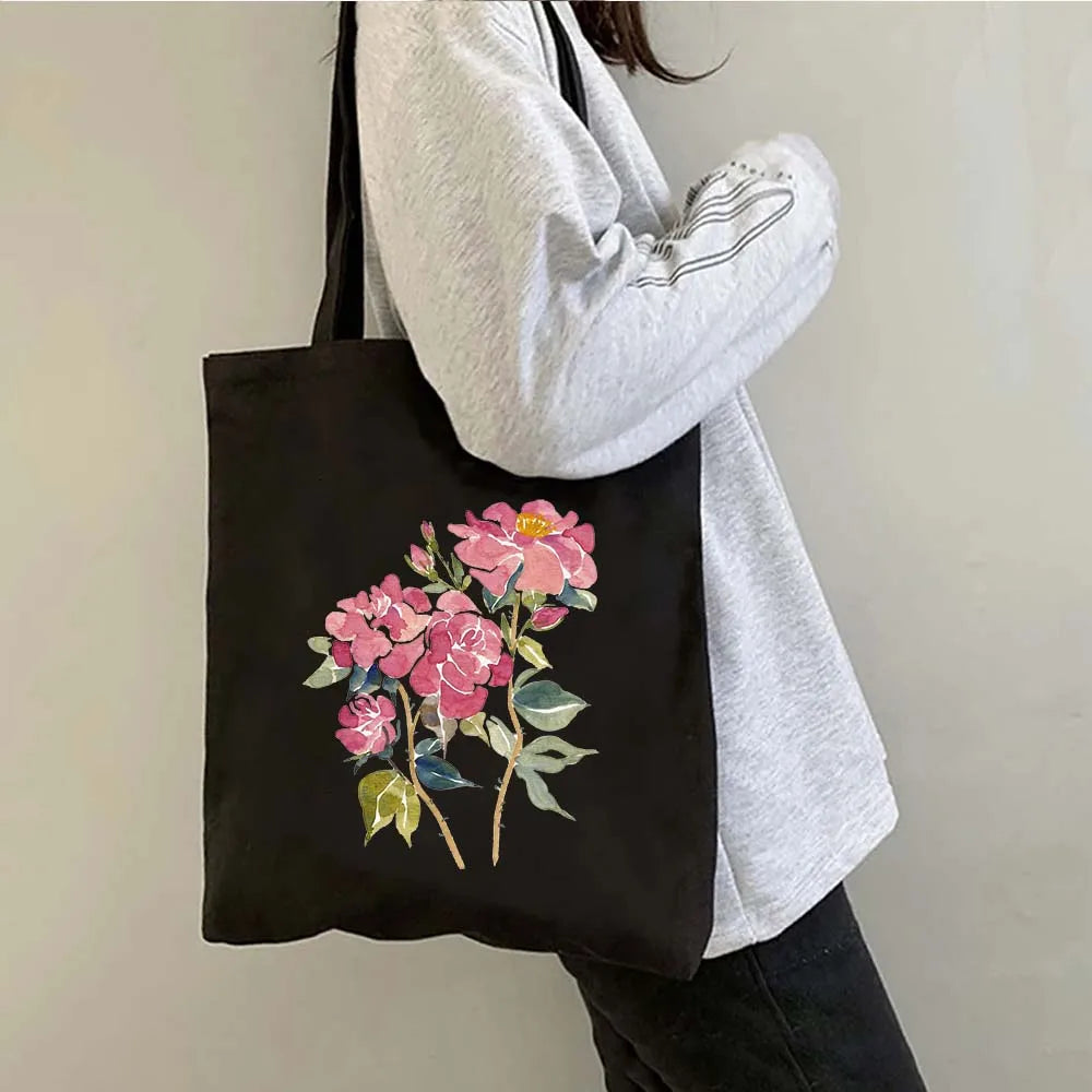 Succulove Floral Cotton Tote Bag | Large Capacity Handbag with Tulips, Hydrangeas, Sunflowers & More (Casual Shoulder Shopper, Eco-Friendly)