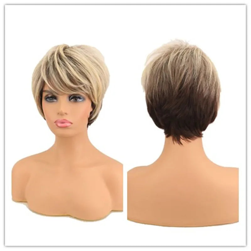 Short Brown Bob Wig with Bangs | Mixed Blonde Synthetic Natural Hair Wig for Women (Soft Mommy Hair, Daily Use)
