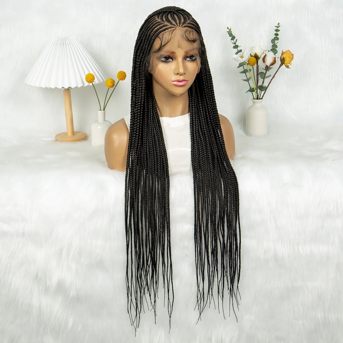HD Transparent Full Lace Cornrow Knotless Box Braids Wig | Synthetic Goddess Braided Wig for Black Women