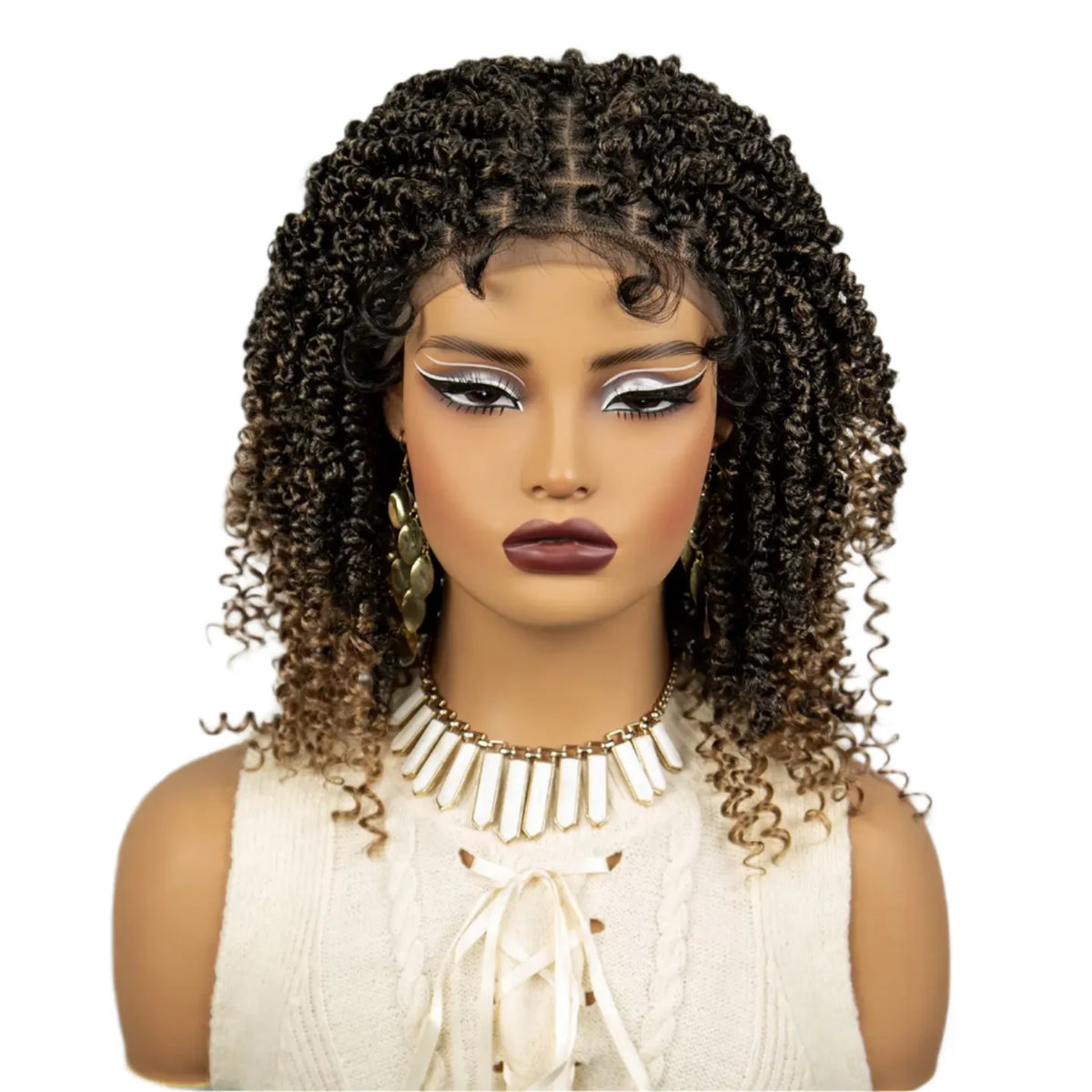 Knotless Box Braided Bob Wig with Curly Ends | Short Twist Braids | Synthetic Lace Front Wig | Handmade for Black Women