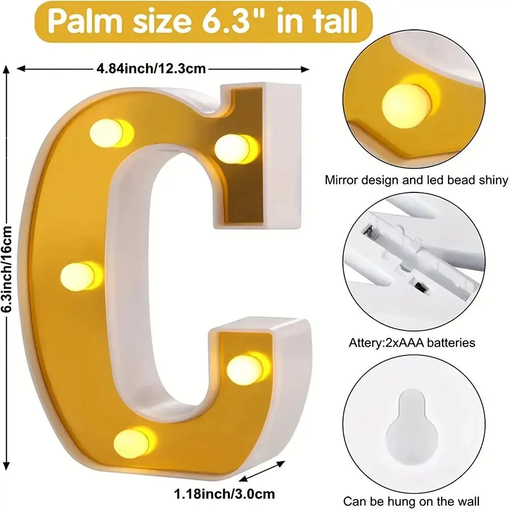 1PC 16cm Golden Numbers&English Led Letter Lights,Battery Powered Decoration Light For Festive,Proposal,Birthday,Wedding,Party
