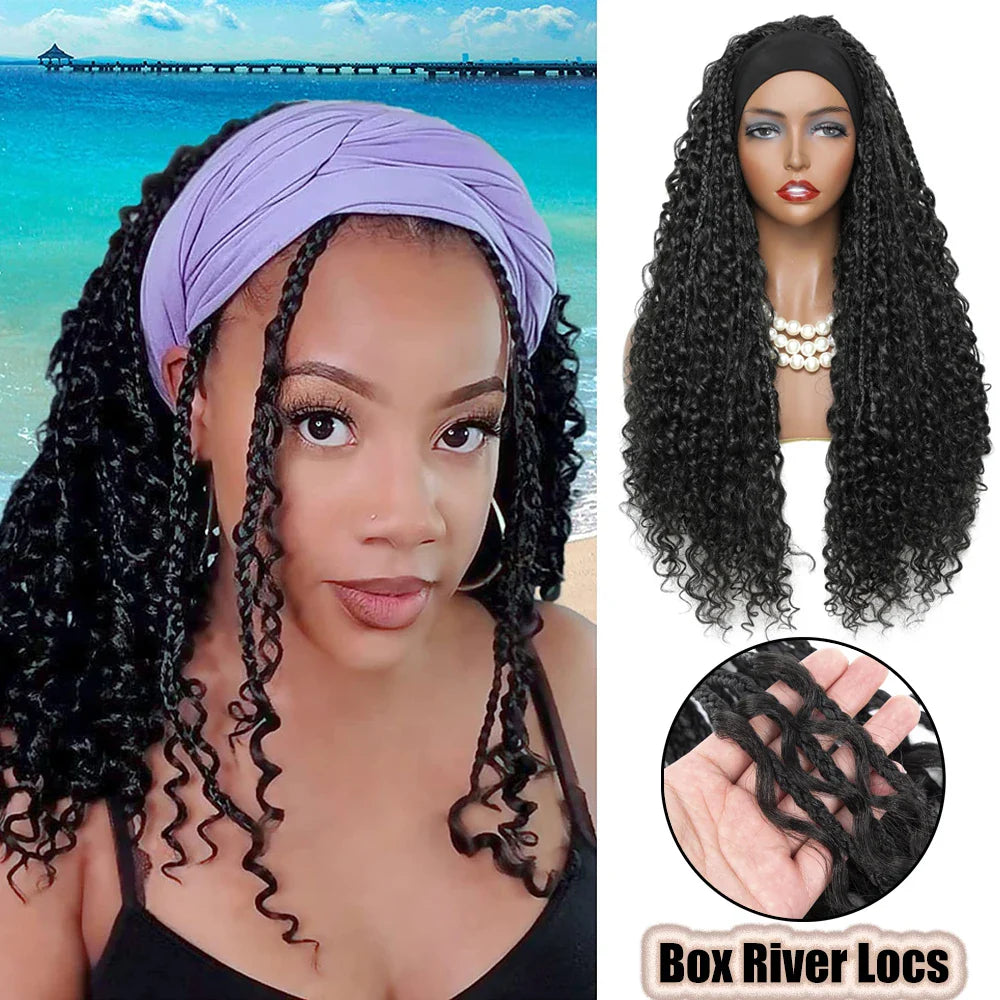Product Title: 26" Ombre Brown Headband Braided Wig | Faux Locs with Curly Ends | Synthetic Dreadlock Wig
