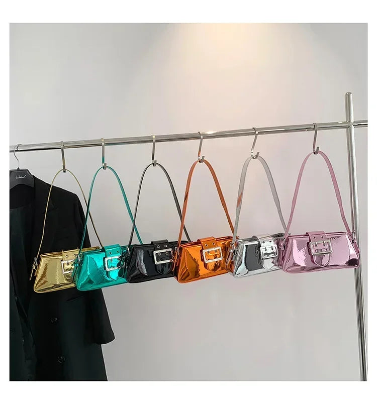 New Luxury Design Women's Glossy PU Leather Armpit Bag | Fashion Party Handbag (Patent Leather Silver Shoulder & Crossbody Bag)